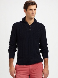 A hearty construction of textural knits lends laid-back elegance to a handsome pullover sweater, crafted from luxurious Pima cotton with a ribbed collar and Henley placket for a modern, military-inspired look.Three-button placketStand collarRibbed collar, cuffs and hemCottonHandwashImported A hearty construction of textural knits lends laid-back elegance to a handsome pullover sweater, crafted from luxurious Pima cotton with a ribbed collar and Henley placket for a modern, military-inspired look.Three-button placketStand collarRibbed collar, cuffs and hemCottonHandwashImported