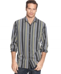 The stripes on this shirt from Tommy Bahama will ensure that your casual style will be all lined up. The stripes on this shirt from Tommy Bahama will ensure that your casual style will be all lined up.
