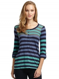 THE LOOKAllover ombré stripesScoopneckFront henley placketLong button-tab sleevesTHE FITAbout 23 from shoulder to hemTHE MATERIALSupima cotton/micromodalCARE & ORIGINMachine washImportedModel shown is 5'8 (172½cm) wearing US size Small. THE LOOKAllover ombré stripesScoopneckFront henley placketLong button-tab sleevesTHE FITAbout 23 from shoulder to hemTHE MATERIALSupima cotton/micromodalCARE & ORIGINMachine washImportedModel shown is 5'8 (172½cm) wearing US size Small.