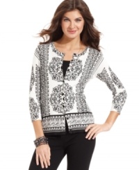Add a sophisticated status print to your wardrobe with Joseph A's easy cardigan.