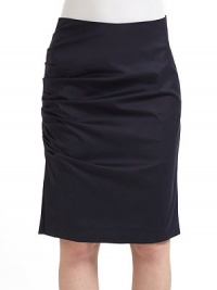 THE LOOKRuched detail down sideInvisible side zip with hook-and-eye closureSlit at side hemTHE FITAbout 21 longTHE MATERIAL80% cotton/18% polyamide/2% spandexFully linedCARE & ORIGINDry cleanImportedModel shown is 5'10 (177cm) wearing US size 4. THE LOOKRuched detail down sideInvisible side zip with hook-and-eye closureSlit at side hemTHE FITAbout 21 longTHE MATERIAL80% cotton/18% polyamide/2% spandexFully linedCARE & ORIGINDry cleanImportedModel shown is 5'10 (177cm) wearing US size 4.