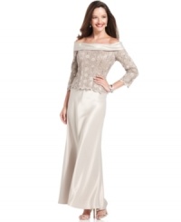 Alex Evenings' ensemble is a beautiful choice for weddings and other elevated occasions: A sequined lace top with a scalloped hem and off-the-shoulder neckline looks perfect with a long satin skirt.