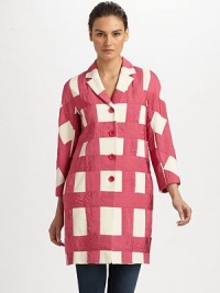 Vibrantly hued plaid pattern lends a whimsical touch to this button-front style.Notched collar Button front ¾ sleeves Side slash pockets Fully lined About 34½ from shoulder to hem 61% rayon/34% nylon/5% other fibers Dry clean Made in Italy Vibrantly hued plaid pattern lends a whimsical touch to this button-front style.Notched collar Button front ¾ sleeves Side slash pockets Fully lined About 34½ from shoulder to hem 61% rayon/34% nylon/5% other fibers Dry clean Made in Italy