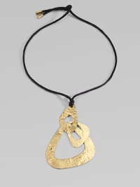 Artful and elegant interlocking organic shapes, rendered in gleaming, hammered brass.BrassCotton cording Length, about 14Pendant, about 3½W X 5HTie closure with brass tipsImported Artful and elegant interlocking organic shapes, rendered in gleaming, hammered brass.BrassCotton cording Length, about 14Pendant, about 3½W X 5HTie closure with brass tipsImported