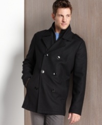 To work or starting the weekend, this military-style pea coat from Kenneth Cole Reaction will keep you classically warm and stylish no matter where you're headed. To work or starting the weekend, this military-style pea coat from Kenneth Cole Reaction will keep you classically warm and stylish no matter where you're headed.