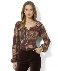 Antiqued brass buttons lend romantic flair to Lauren Ralph Lauren's light and airy cotton jersey peasant top. Antiqued brass buttons lend romantic flair to Lauren Ralph Lauren's light and airy cotton jersey peasant top.