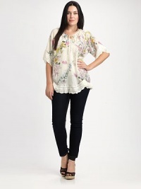 Featuring an exquisite floral print, this silk top will be a welcomed addition to your wardrobe. Style highlights include a timeless, self-tie neckline and ultra-feminine lace trim.Self-tie detail at necklineShort sleevesScalloped, lace trimAbout 33 from shoulder to hemSilkMachine washImported Featuring an exquisite floral print, this silk top will be a welcomed addition to your wardrobe. Style highlights include a timeless, self-tie neckline and ultra-feminine lace trim.Self-tie detail at necklineShort sleevesScalloped, lace trimAbout 33 from shoulder to hemSilkMachine washImported