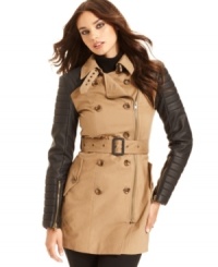 With quilted faux-leather sleeves, this W118 by Walter Baker trench coat combines both fashion & function for a stylish cold-weather must-have! With quilted faux-leather sleeves, this W118 by Walter Baker trench coat combines both fashion & function for a stylish cold-weather must-have!