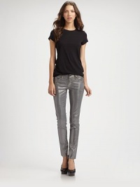 Slightly textured, foil-like finish makes these leggings-style skinnies the must-have style statement of the season. THE FITRise, about 7Inseam, about 31Leg opening, about 10½THE DETAILSButton closureZip flyFive-pocket styleSupima cotton/cotton/modal/polyurethaneMachine washMade in USA of imported fabricModel shown is 5'11 (178cm) wearing US size 4. Slightly textured, foil-like finish makes these leggings-style skinnies the must-have style statement of the season. THE FITRise, about 7Inseam, about 31Leg opening, about 10½THE DETAILSButton closureZip flyFive-pocket styleSupima cotton/cotton/modal/polyurethaneMachine washMade in USA of imported fabricModel shown is 5'11 (178cm) wearing US size 4.