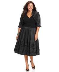 SL Fashions' plus size dress looks even more party-ready with the coordinating cropped jacket, which is adorned with a beautiful sequined floral applique along the edges. SL Fashions' plus size dress looks even more party-ready with the coordinating cropped jacket, which is adorned with a beautiful sequined floral applique along the edges.