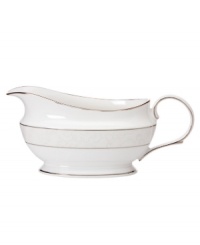 A sweet lace pattern combines with platinum borders to add graceful elegance to your tabletop. The classic shape and pristine white shade make this sauce boat a timeless addition to any meal. From Lenox's collection of dinnerware and dishes. A sweet lace pattern combines with platinum borders to add graceful elegance to your tabletop. The classic shape and pristine white shade make this sauce boat a timeless addition to any meal. From Lenox's collection of dinnerware and dishes.