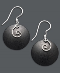 Shapely sophistication. Jody Coyote's chic drop earrings combine black patina bronze discs with a swirling, sterling silver setting. Approximate drop: 1-1/4 inches. Shapely sophistication. Jody Coyote's chic drop earrings combine black patina bronze discs with a swirling, sterling silver setting. Approximate drop: 1-1/4 inches.