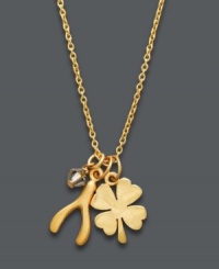 Bring a little luck your way. Studio Silver's charming pendant includes a wishbone charm, a four-leaf clover and a sparkling crystal accent. Set in 18k gold over sterling silver. Approximate length: 16 inches + 2-inch extedner. Approximate drop: 1/2 inch. Bring a little luck your way. Studio Silver's charming pendant includes a wishbone charm, a four-leaf clover and a sparkling crystal accent. Set in 18k gold over sterling silver. Approximate length: 16 inches + 2-inch extedner. Approximate drop: 1/2 inch.