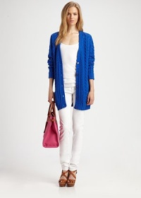 A chunky cable-knit boyfriend cardigan embodying cozy-chic style with a slouchy fit. V-neckLong sleevesButton frontPatch pocketsRibbed trimAbout 31 from shoulder to hemCotton/cashmereDry cleanImportedSIZE & FIT Model shown is 5'7½ (172cm) wearing a US size Small. A chunky cable-knit boyfriend cardigan embodying cozy-chic style with a slouchy fit. V-neckLong sleevesButton frontPatch pocketsRibbed trimAbout 31 from shoulder to hemCotton/cashmereDry cleanImportedSIZE & FIT Model shown is 5'7½ (172cm) wearing a US size Small.