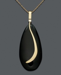 Sweeping sophistication. Almond-shaped onyx pendant (18-38 mm) accented by sweeping 14k gold ribbon. Necklace crafted in 14k gold. Approximate length: 18 inches. Approximate drop: 2 inches. Sweeping sophistication. Almond-shaped onyx pendant (18-38 mm) accented by sweeping 14k gold ribbon. Necklace crafted in 14k gold. Approximate length: 18 inches. Approximate drop: 2 inches.