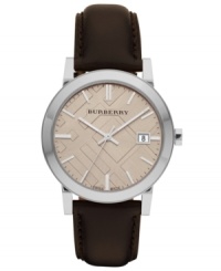 Rich leather and iconic check patterns define this Burberry timepiece. Rich leather and iconic check patterns define this Burberry timepiece.