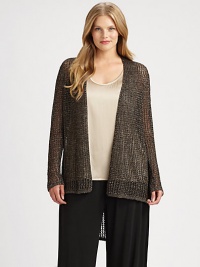 Alluring mesh meets shimmering metallic thread to create an exquisite design. Its laid-back appeal is courtesy of its open-front styling. It will go perfectly with wide-leg pants.Open-front styleLong sleevesHi-lo hemAbout 27 from shoulder to hemLinen/cottonDry cleanImported Alluring mesh meets shimmering metallic thread to create an exquisite design. Its laid-back appeal is courtesy of its open-front styling. It will go perfectly with wide-leg pants.Open-front styleLong sleevesHi-lo hemAbout 27 from shoulder to hemLinen/cottonDry cleanImported