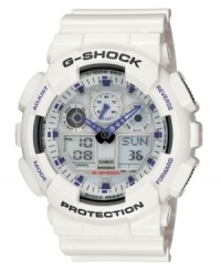 Technology that really ticks. This G-Shock watch features a white resin strap and round case. Logo at bezel. Analog-digital dial with shock resistance features auto LED light, world time, daily alarm with snooze, and countdown timer. Quartz movement. Water resistant to 200 meters. One-year limited warranty. Technology that really ticks. This G-Shock watch features a white resin strap and round case. Logo at bezel. Analog-digital dial with shock resistance features auto LED light, world time, daily alarm with snooze, and countdown timer. Quartz movement. Water resistant to 200 meters. One-year limited warranty.