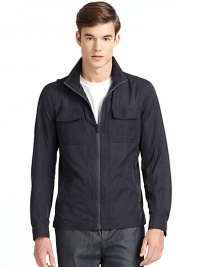 THE LOOKStand collarFront zipConcealed snap flap pocketsZipper pocketsLong sleeves with snap cuffsLoop details on shoulders and backTHE MATERIALPolyesterFully linedCARE & ORIGINDry cleanImported THE LOOKStand collarFront zipConcealed snap flap pocketsZipper pocketsLong sleeves with snap cuffsLoop details on shoulders and backTHE MATERIALPolyesterFully linedCARE & ORIGINDry cleanImported