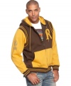 Colorblock print in cozy fleece make this Rocawear hoodie a cool and hot choice.