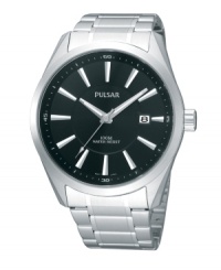 Silver fox. This classic creation from Pulsar is crafted of stainless steel bracelet and round case. Black dial features applied silver tone stick indices, minute track, date window at three o'clock, three hands and logo. Quartz movement. Water resistant to 100 meters. Three-year limited warranty. Silver fox. This classic creation from Pulsar is crafted of stainless steel bracelet and round case. Black dial features applied silver tone stick indices, minute track, date window at three o'clock, three hands and logo. Quartz movement. Water resistant to 100 meters. Three-year limited warranty.