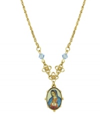 A precious way to show your faith. Vatican pendant features an oval-shaped likeness of the Virgin Mary accented by a floral design and light blue crystals. Setting and chain crafted in gold tone mixed metal. Approximate length: 16 inches + 3-inch extender. Approximate drop: 3/4 inch. A precious way to show your faith. Vatican pendant features an oval-shaped likeness of the Virgin Mary accented by a floral design and light blue crystals. Setting and chain crafted in gold tone mixed metal. Approximate length: 16 inches + 3-inch extender. Approximate drop: 3/4 inch.