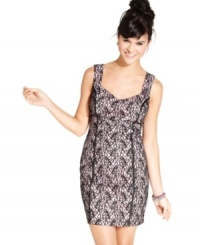 From the lace overlay to the va-va-voom cutout at the back, flirty details bring the fun to this formal cocktail dress from BCX! From the lace overlay to the va-va-voom cutout at the back, flirty details bring the fun to this formal cocktail dress from BCX!