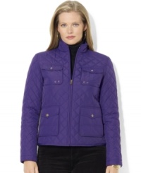 A bold hue lends modern appeal to Lauren Ralph Lauren's classic quilted coat rendered in sleek microfiber. A bold hue lends modern appeal to Lauren Ralph Lauren's classic quilted coat rendered in sleek microfiber.