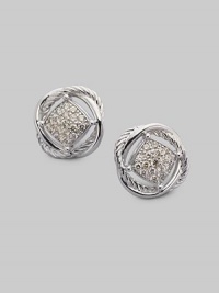 From the Infinity Collection. Gracefully intertwining bands of sterling silver, one cabled, one smooth, surround a center of radiant pavé diamonds. Diamonds, 0.36 tcw Sterling silver Diameter, about ½ Post back Imported