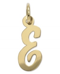 The perfect gift for Elizabeth. This polished E initial charm features a pretty, small script design in 14k gold. Chain not included. Approximate length: 7/10 inch. Approximate width: 3/10 inch. The perfect gift for Elizabeth. This polished E initial charm features a pretty, small script design in 14k gold. Chain not included. Approximate length: 7/10 inch. Approximate width: 3/10 inch.