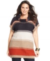 Cozy up with Design 365's striped plus size tunic sweater, accented by a cowl neckline.