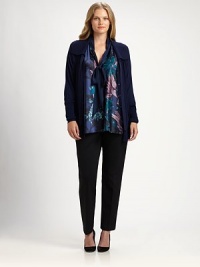 Featuring classic ribbed trim and a feminine self-tie detail, a sweater designed to help elongate the torso.Self-tie detail at neckLong sleevesConcealed front closureRibbed trimAbout 28 from shoulder to hemViscose/polyesterDry cleanImported Featuring classic ribbed trim and a feminine self-tie detail, a sweater designed to help elongate the torso.Self-tie detail at neckLong sleevesConcealed front closureRibbed trimAbout 28 from shoulder to hemViscose/polyesterDry cleanImported