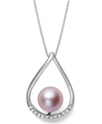 Pink perfection. Smooth sterling silver cradles a pink cultured freshwater pearl (8 mm) and sparkling diamond accents on this pretty teardrop pendant. Approximate length: 18 inches. Approximate drop: 7/8 inch. Pink perfection. Smooth sterling silver cradles a pink cultured freshwater pearl (8 mm) and sparkling diamond accents on this pretty teardrop pendant. Approximate length: 18 inches. Approximate drop: 7/8 inch.