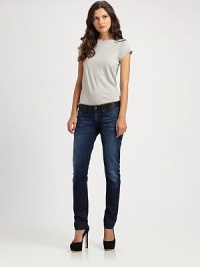 Supple leather waistband tops these classically styled, slightly faded skinnies with a low rise. THE FITLow rise, about 7½Inseam, about 29THE DETAILSLeather-trim waistbandZip flyFive-pocket styleBody: 89% cupro/11% polyesterTrim: LeatherDry clean with leather specialistMade in USA of Italian fabricModel shown is 5'10 (177cm) wearing US size 4. Supple leather waistband tops these classically styled, slightly faded skinnies with a low rise. THE FITLow rise, about 7½Inseam, about 29THE DETAILSLeather-trim waistbandZip flyFive-pocket styleBody: 89% cupro/11% polyesterTrim: LeatherDry clean with leather specialistMade in USA of Italian fabricModel shown is 5'10 (177cm) wearing US size 4.