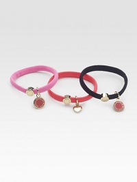 A set of three brilliant hair accessories with 10K goldplated, logo-embellished charms.Smooth elastic bands10K gold plating, brass, zinc, polyester and enamelLogo charms and beadsImported A set of three brilliant hair accessories with 10K goldplated, logo-embellished charms.Smooth elastic bands10K gold plating, brass, zinc, polyester and enamelLogo charms and beadsImported
