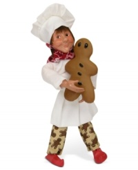 Big on sweets, this little Byers' Choice baker puts the finishing touches on a traditional gingerbread man. He's dressed the part too, wearing cookie-patterned pants with traditional chef's whites. Big on sweets, this little Byers' Choice baker puts the finishing touches on a traditional gingerbread man. He's dressed the part too, wearing cookie-patterned pants with traditional chef's whites.