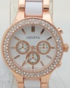 Geneva Quartz Chronograph Look Rose Gold White ceramic-style With Rhinestones