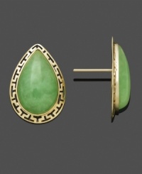 A bold new look that will complement any ensemble. Gleaming jade gemstones (10 mm x 16 mm) in a unique teardrop shape shine within a cut-out Greek key setting. Crafted in 14k gold. Approximate diameter: 3/4 inch. A bold new look that will complement any ensemble. Gleaming jade gemstones (10 mm x 16 mm) in a unique teardrop shape shine within a cut-out Greek key setting. Crafted in 14k gold. Approximate diameter: 3/4 inch.