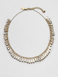 Sparking baguette stones dangle off a link chain for a simply elegant style. Glass stones12k goldplatingLength, about 32Lobster claspImported Sparking baguette stones dangle off a link chain for a simply elegant style. Glass stones12k goldplatingLength, about 32Lobster claspImported