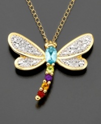 Lighthearted style that makes you smile. This dragonfly pendant features oval-cut blue topaz (14 ct. t.w.), round-cut amethyst accents, round-cut citrine accents and round-cut garnet accents set in 14k gold. Approximate length: 18 inches. Approximate drop: 3/4 inch. Lighthearted style that makes you smile. This dragonfly pendant features oval-cut blue topaz (14 ct. t.w.), round-cut amethyst accents, round-cut citrine accents and round-cut garnet accents set in 14k gold. Approximate length: 18 inches. Approximate drop: 3/4 inch.