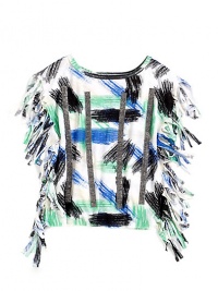 THE LOOKAllover abstract print with rhinestone stripe detailing in frontFringe trim along sidesPullover styleTHE MATERIALBody: 97% polyester/3% spandexSecond fabric: polyesterCARE & ORIGINMachine washMade in USA THE LOOKAllover abstract print with rhinestone stripe detailing in frontFringe trim along sidesPullover styleTHE MATERIALBody: 97% polyester/3% spandexSecond fabric: polyesterCARE & ORIGINMachine washMade in USA