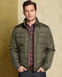 Put a cool spin on classic when you walk out the door in this Tommy Hilfiger quilted puffer coat with hidden hood. Put a cool spin on classic when you walk out the door in this Tommy Hilfiger quilted puffer coat with hidden hood.