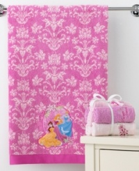 A dream come true for bathing beauties! Disney's Princesses bath towel combines regal florals with an applique of Cinderella, Aurora and Belle in pretty pink and cream cotton. A dream come true for bathing beauties! Disney's Princesses bath towel combines regal florals with an applique of Cinderella, Aurora and Belle in pretty pink and cream cotton.