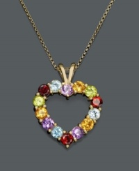 Boldly show your love. This multicolor open-heart pendant by Victoria Townsend features vivid round-cut gemstones in amethyst (3/4 ct. t.w.), blue topaz (7/8 ct. t.w.), citrine (3/4 ct. t.w.), garnet (7/8 ct. t.w.), and peridot (3/8 ct. t.w.). Necklace crafted in 18k gold over sterling silver. Approximate length: 18 inches. Approximate drop: 1-1/8 inches. Boldly show your love. This multicolor open-heart pendant by Victoria Townsend features vivid round-cut gemstones in amethyst (3/4 ct. t.w.), blue topaz (7/8 ct. t.w.), citrine (3/4 ct. t.w.), garnet (7/8 ct. t.w.), and peridot (3/8 ct. t.w.). Necklace crafted in 18k gold over sterling silver. Approximate length: 18 inches. Approximate drop: 1-1/8 inches.