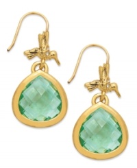 Fashion that moves fast. These teardrop earrings from Juicy Couture soar with a hummingbird accent, flying atop a faceted green glass teardrop. Crafted in 14k gold-plated mixed metal. Approximate drop: 1-1/4 inches. Fashion that moves fast. These teardrop earrings from Juicy Couture soar with a hummingbird accent, flying atop a faceted green glass teardrop. Crafted in 14k gold-plated mixed metal. Approximate drop: 1-1/4 inches.