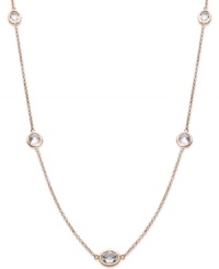 Layer yourself with inches of sparkle. This delicate necklace is crafted in 14k rose gold over sterling silver, with round-cut white topaz stations (4 ct. t.w.). Approximate length: 17 inches. Layer yourself with inches of sparkle. This delicate necklace is crafted in 14k rose gold over sterling silver, with round-cut white topaz stations (4 ct. t.w.). Approximate length: 17 inches.