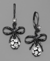 Take a little cuteness, add a little disco, come out with fabulous style. Enjoy these bow earrings by Betsey Johnson featuring rhinestones and black epoxy bows. Approximate drop: 1-1/4 inches.