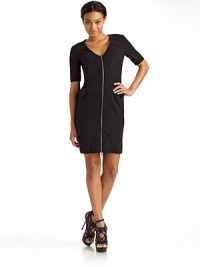 Clean lines and an exposed front zipper vamp up this understated style.V neckline Short sleeves Seaming details Front zipper Side flap pockets Fully lined About 34½ from shoulder to hem 60% polyester/36% rayon/4% spandex Second fabric: 95% rayon/5% spandex Dry clean Imported Clean lines and an exposed front zipper vamp up this understated style.V neckline Short sleeves Seaming details Front zipper Side flap pockets Fully lined About 34½ from shoulder to hem 60% polyester/36% rayon/4% spandex Second fabric: 95% rayon/5% spandex Dry clean Imported