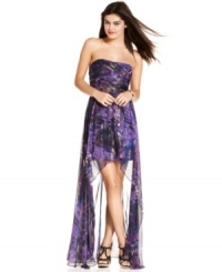 Bold and bewitching, with brushstrokes of metallic to highlight the most stunning print, this high-low style strapless gown from Jump is designed to own the night. Bold and bewitching, with brushstrokes of metallic to highlight the most stunning print, this high-low style strapless gown from Jump is designed to own the night.