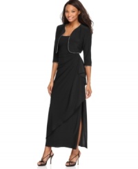 This petite dress and jacket ensemble from Alex Evenings has super-feminine details like pretty beaded trim and a graceful drape for a stunning special occasion look. This petite dress and jacket ensemble from Alex Evenings has super-feminine details like pretty beaded trim and a graceful drape for a stunning special occasion look.